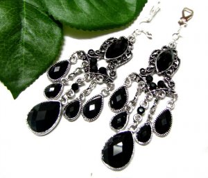 *FREE SHIPPING*E1707 Rhinestone Dangle Black Clip On Earrings 8.5cm cOOl!!