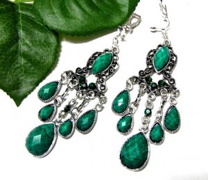 *FREE SHIPPING*E1706 Green Rhinestone Dangle Clip On Earrings 8.5cm cOOl!!