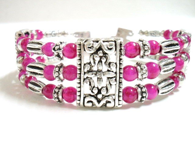 *FREE SHIPPING* BA213 TIBETAN SILVER 3 STRANDS JADE PINK BRACELET