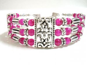 *FREE SHIPPING* BA213 TIBETAN SILVER 3 STRANDS JADE PINK BRACELET