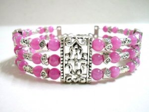 *FREE SHIPPING* BA212 TIBETAN SILVER 3 STRANDS JADE PINK BRACELET