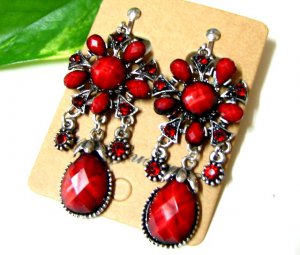 *FREE SHIPPING*E1603 RHINESTONE RED EXTOIC CLIP ON EARRINGS 6.5cm