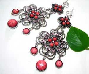 *FREE SHIPPING*E1616 Rhinestone Pink Huge Clip On Earrings 12.5cm