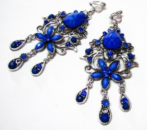 *FREE SHIPPING*E1621 Blue Rhinestone Exotic Clip On Earrings 8cm