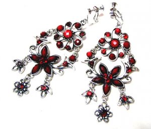 *FREE SHIPPING*E1626 Red Floral Rhinestone Clip On Earrings 8cm Charming exotic Jewelry Earrings