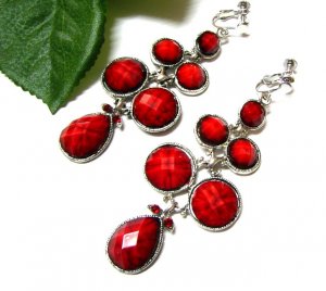E1631 Exotic Rhinestone Red Floral Clip On Earrings 7.5cm  ~ FREE SHIPPING~