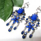 ~FREE SHIPPING~E1681 Beautiful Blue Dangle Floral Clip On Earrings 8cm