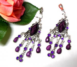 ~FREE SHIPPING~E1684 Purple Rhinestone Clip On Earrings 7.5cm Charming!