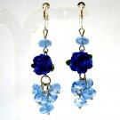 ~ FREE SHIPPING ~E1443 Ceramic Clay Rose Dangle Crystal Beads Blue Clip On Earrings 6.5cm
