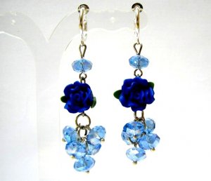 ~ FREE SHIPPING ~E1443 Ceramic Clay Rose Dangle Crystal Beads Blue Clip On Earrings 6.5cm