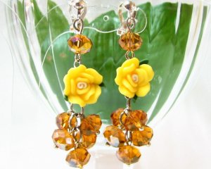 ~ FREE SHIPPING ~E1413 Ceramic Clay Rose & Crystal Glass beads Yellow Clip On Earrings 6cm