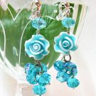 ~ FREE SHIPPING ~E1414 Ceramic Clay Rose & Crystal Glass Beads Blue Clip On Earrings 6cm