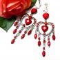 ~ FREE SHIPPING ~E1743 Rhinestone Dangle Heart Red Clip On Earrings 9cm Gorgeous!