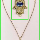 P-C NEW GOLD HAMSA HAND BLUE GEM CHARMS PENDANT Judaica & 50 cm/20" Chain NECKLACE