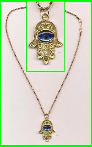 P-C NEW GOLD HAMSA HAND BLUE GEM CHARMS PENDANT Judaica & 50 cm/20" Chain NECKLACE