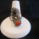 Vintage Native American Sterling, Onyx & Coral Ring SZ 7 3/4
