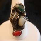 Vintage Native American Sterling Onyx Coral Turq Ring SZ 7