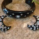 VINTAGE CELLULOID TYPE BRACELET & CRESENT MOON RHINESTONE CLIP EARRINGS