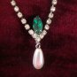 Estate Unsigned Clear & Emerald Rhinestones with Faux Pearl Drop Necklace & pierced earring set