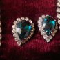 Estate Unsigned Clear & Emerald Rhinestones with Faux Pearl Drop Necklace & pierced earring set