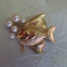 Estate Unsigned Fish blowing Pearl Bubbles Brooch Pink