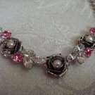 Estate Newer Unsigned Clear & Pink Rhinestone Rose Necklace with Faux Pearls Estate Newer Unsigned Clear & Pink Rhinestone Rose Necklace with Faux Pearls