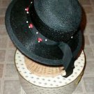 Ladies Black Straw Hat Wood beads Chesterfield VINTAGE with BONUS Antique Brooch