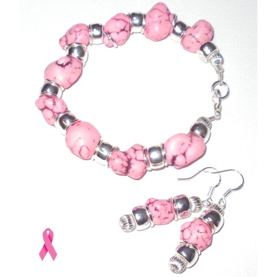 Pink Turquoise Nugget Bracelet And Earrings