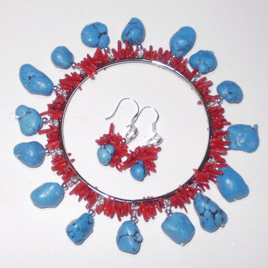 Chunky Turquoise Nugget Dangle Bracelet And Earrings