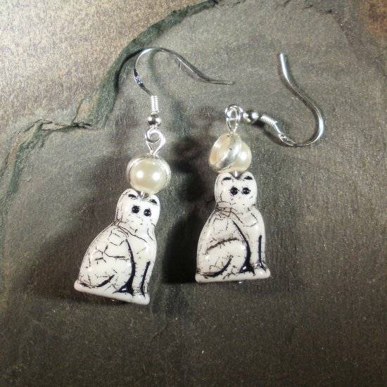 White Cat Earrings Sterling Holy Tabby Saint Cat