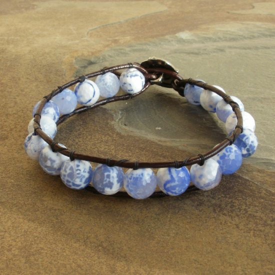 Faceted Blue Agate Beaded Gemstone Leather Wrap Bracelet