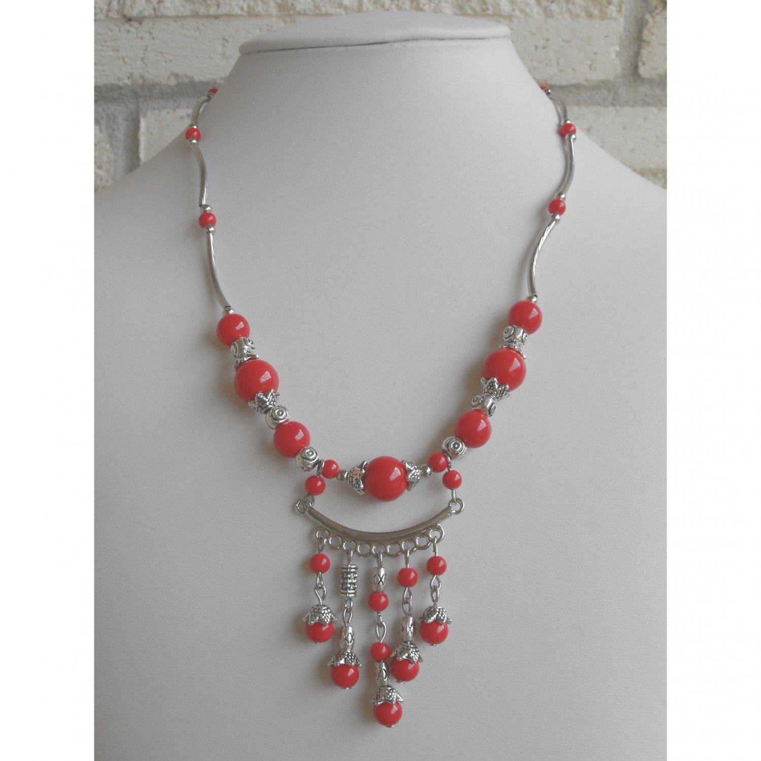 SALE! Coral Beaded Pendant Necklace