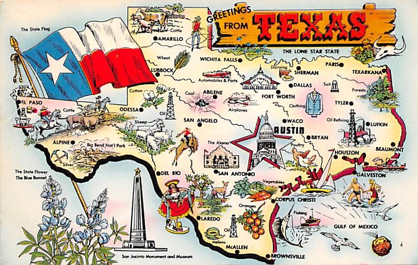 Texas Greetings Map Postcard (A376)