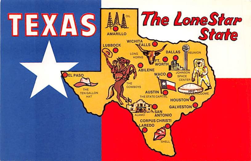 Texas Lone Star State Map Postcard (A378)