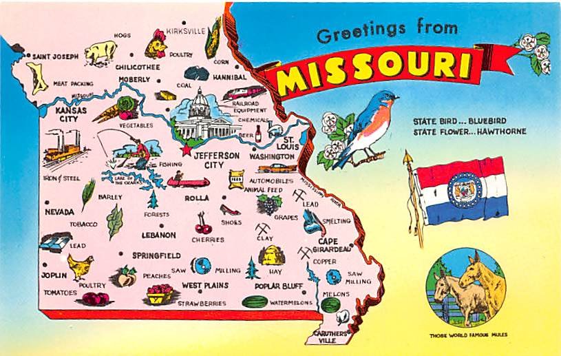 Missouri Greetings - Map Postcard (A388)