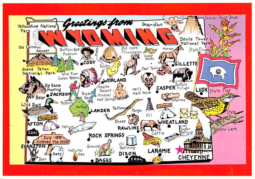Wyoming Greetings - Map Postcard (A402)