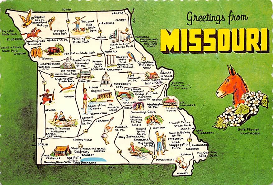 Missouri Greetings From - Map Postcard (A409)