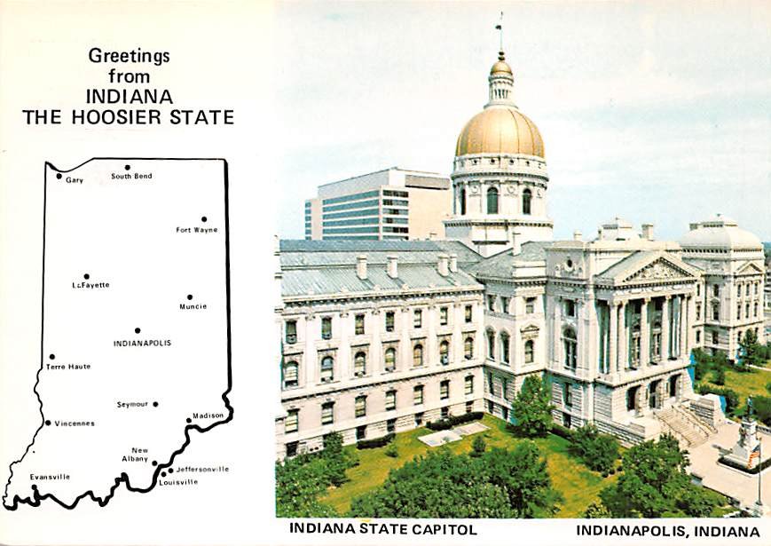 Indiana Greetings From Hoosier State - Map Postcard (A412)