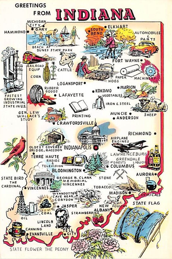 Indiana Greetings From - Map Postcard (A415)