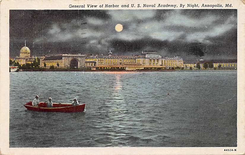 Annapolis, Md Naval Academy, Night Harbor View 1949 Postcard (B290) Maryland