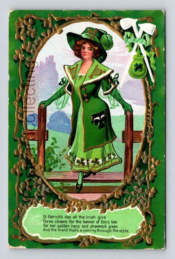 St. Patricks Lady In Green, Three Cheers Embossed Postcard 1910  (eH254)