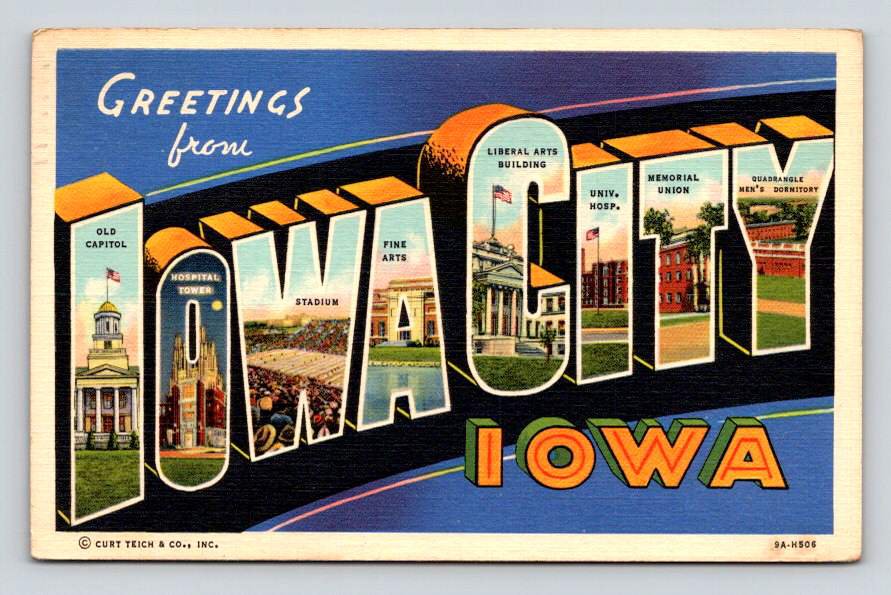 Iowa City Iowa Large Letter Vintage 1941 Postcard (eH513)