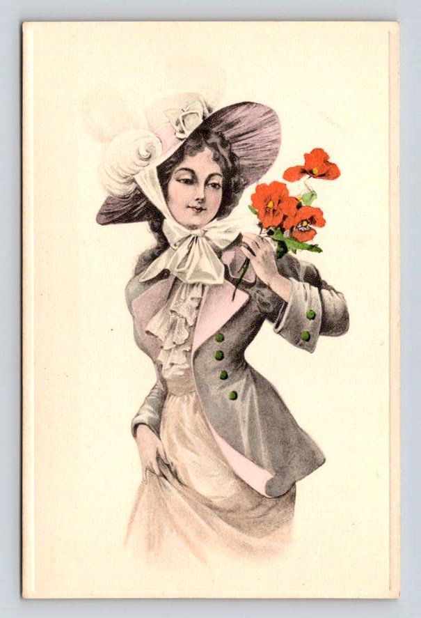Litho Glamour Woman Holding Flowers Postcard (eH731)
