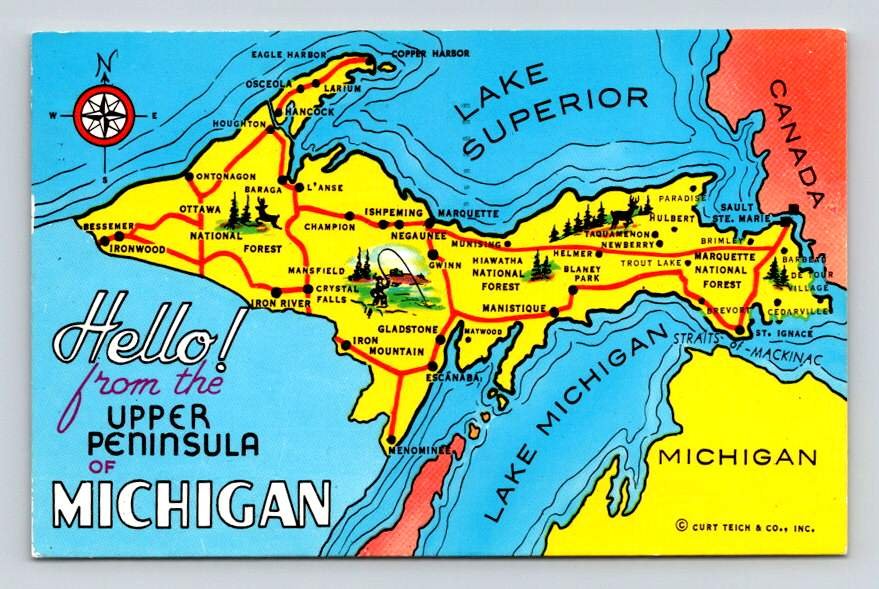 Upper Peninsula Michigan Map Postcard 1986  (eH755)