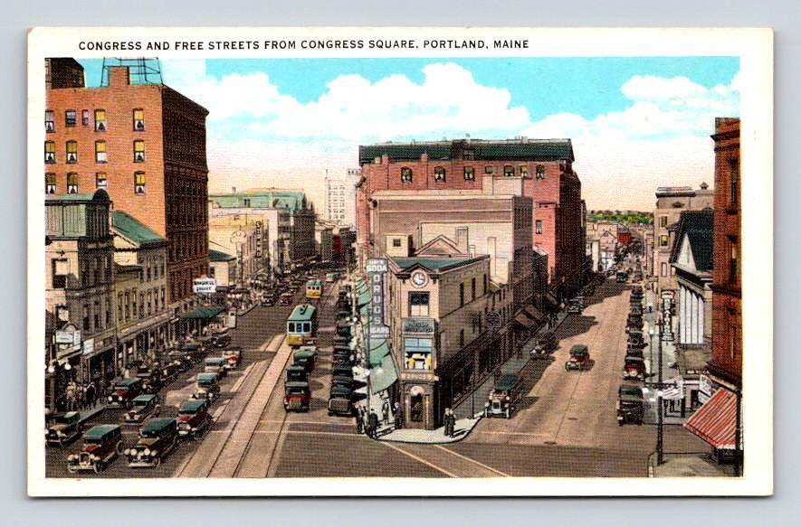 Congress & Free Streets Congress Square - Trollies Portland Maine Postcard (eH833)
