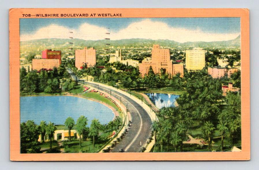 Los Angeles California Wilshire Boulevard At Westlakd Linen 1950 Postcard (eH917)