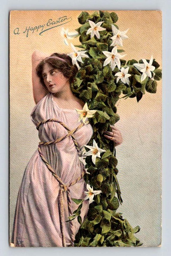A Happy Easter Floral Cross Wtih Pretty Lady Tuck Postcard (eH1121)