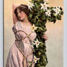 A Happy Easter Floral Cross Wtih Pretty Lady Tuck Postcard (eH1121)