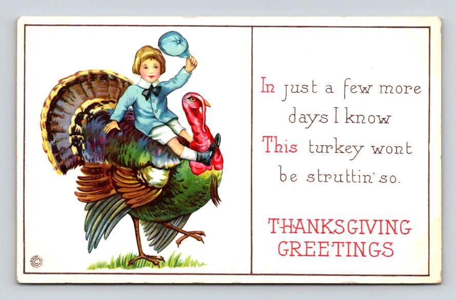 Thanksgiving Greetings Young Boy Riding His Turkey - Stretcher Postcard (eCL180)