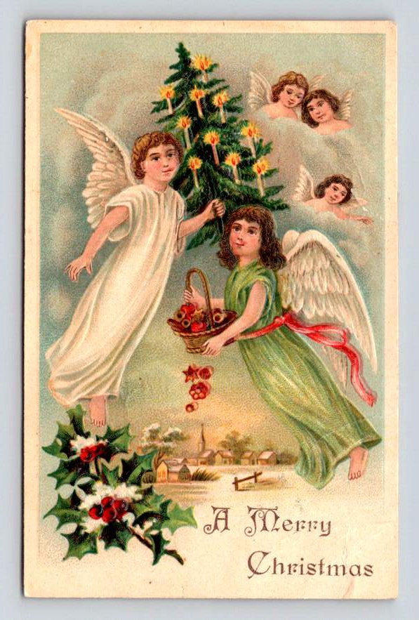 Embossed Angels, Merry Christmas - Holly, Tree, Candles Postcard (eCL366)